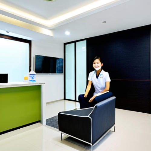 Home 17 The Modern Dental Reception**
"A bright and welcoming dental clinic reception area in Bangkok, Thailand. A friendly receptionist in professional attire sits behind a sleek counter. Comfortable seating is available for patients. Modern dental equipment visible in the background. Clean, professional, family-friendly, safe for work, appropriate content, fully clothed, perfect anatomy, natural proportions, high quality photo."
**