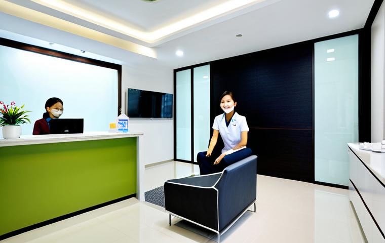 The Modern Dental Reception**
"A bright and welcoming dental clinic reception area in Bangkok, Thailand. A friendly receptionist in professional attire sits behind a sleek counter. Comfortable seating is available for patients. Modern dental equipment visible in the background. Clean, professional, family-friendly, safe for work, appropriate content, fully clothed, perfect anatomy, natural proportions, high quality photo."
**