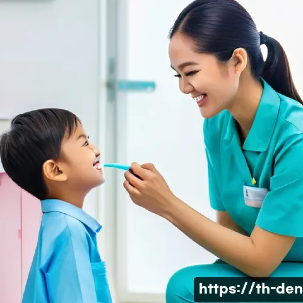 치과위생사 직업 만족도 조사 - A heartwarming scene featuring a kind Thai female dental hygienist, in her late 20s, with a warm smi...
