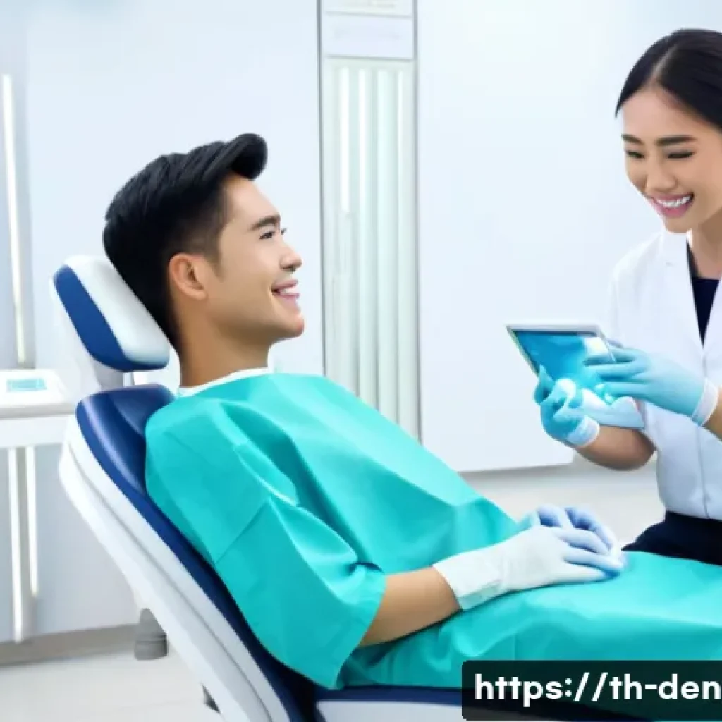 치과위생사 세미나 추천 - A modern dental clinic scene featuring a young Thai dental health educator using a 3D digital oral s...