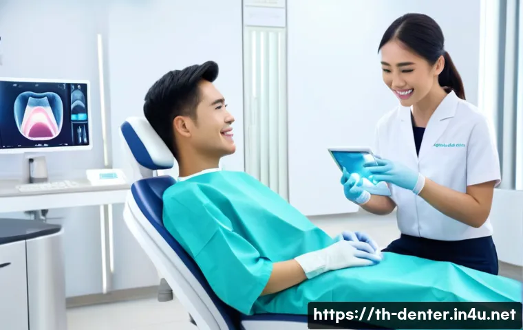치과위생사 세미나 추천 - A modern dental clinic scene featuring a young Thai dental health educator using a 3D digital oral s...
