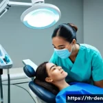 치과위생사 실무와 이론 차이 - A professional dental clinic scene showing a dental assistant wearing a clean uniform and a face mas...