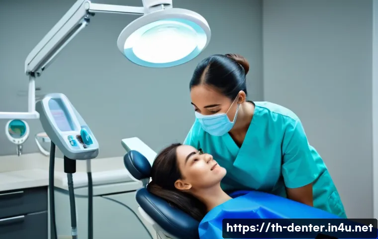 치과위생사 실무와 이론 차이 - A professional dental clinic scene showing a dental assistant wearing a clean uniform and a face mas...