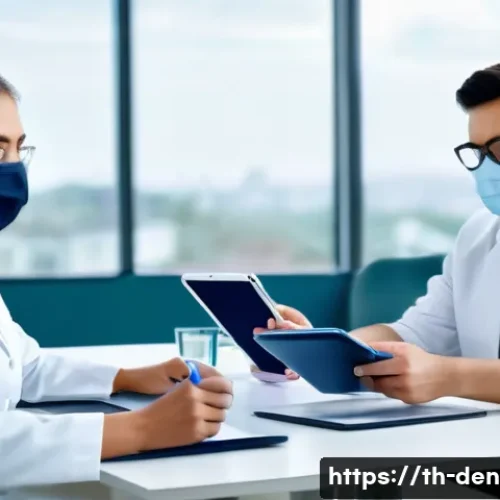 치과위생사 직장 내 팀워크 유지법 - A modern dental clinic team engaged in a collaborative meeting, featuring diverse professionals incl...