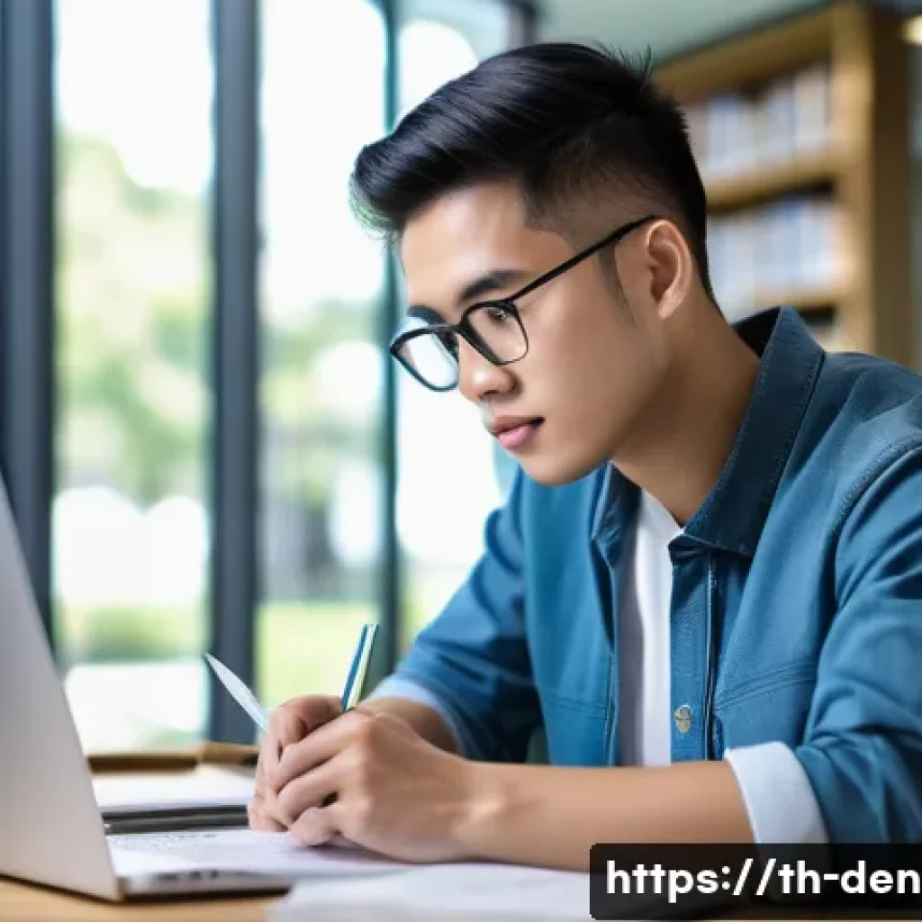 치과위생사 대학원 진학 성공 사례 - A focused young Thai dental graduate student studying at a modern university library, surrounded by ...