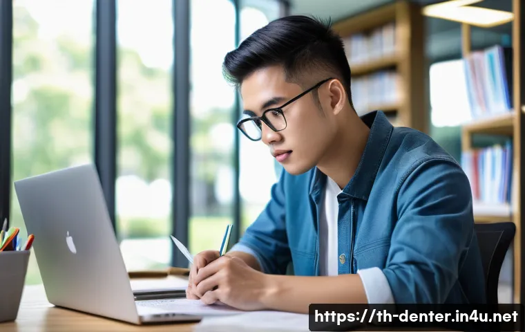 치과위생사 대학원 진학 성공 사례 - A focused young Thai dental graduate student studying at a modern university library, surrounded by ...