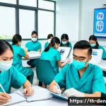Home 21 치과위생사 자격시험 합격률 통계 - A modern Thai dental classroom scene showing diverse dental students attentively studying with digit...
