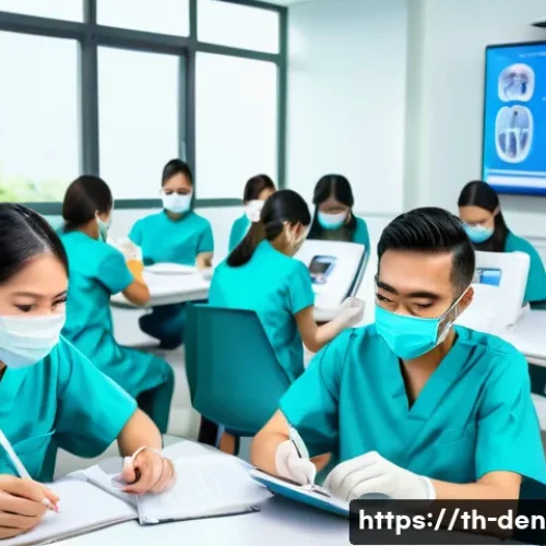 Home 33 치과위생사 자격시험 합격률 통계 - A modern Thai dental classroom scene showing diverse dental students attentively studying with digit...
