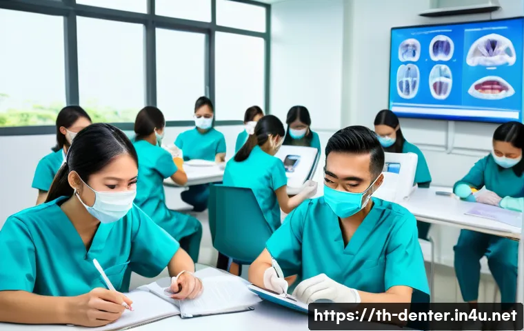 치과위생사 자격시험 합격률 통계 - A modern Thai dental classroom scene showing diverse dental students attentively studying with digit...