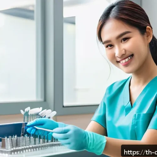 Home 32 치과위생사로서 받은 가장 큰 칭찬 - A warm and friendly dental clinic scene showing a young Thai dental assistant wearing professional s...