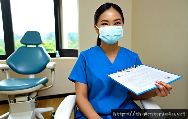 Home 17 치과위생사 합격 후기 인터뷰 - Photorealistic Thai dental hygienist graduate in neat clinical scrubs, seated for a friendly intervi...